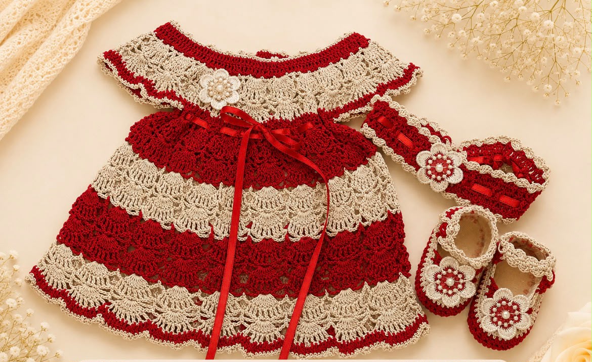 Briana Red & Beige Baby Crochet Dress Set | Canastilla Ideal Kids