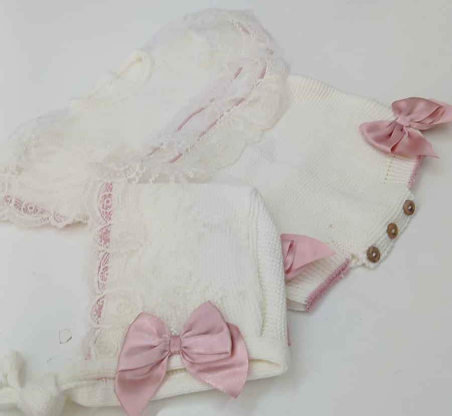 Lace Knitted Dress - Newborn - White and Pink