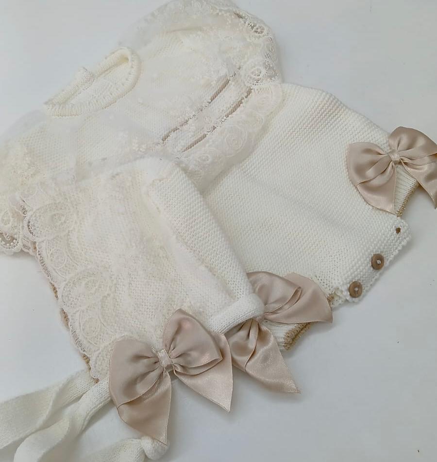 Lace Knitted Dress - Newborn - White and Gold
