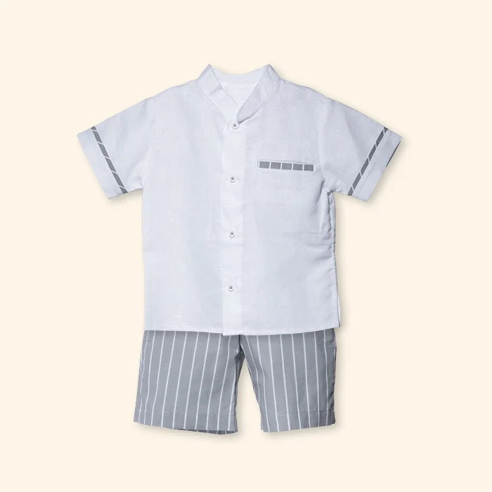 James Stripes Linen Two-Piece Baby Boy Outfit | Canastilla Ideal Kids