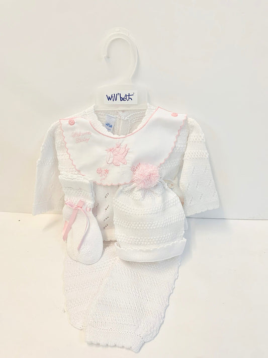 80737WP 4pc White Pink Welcome Baby knit set