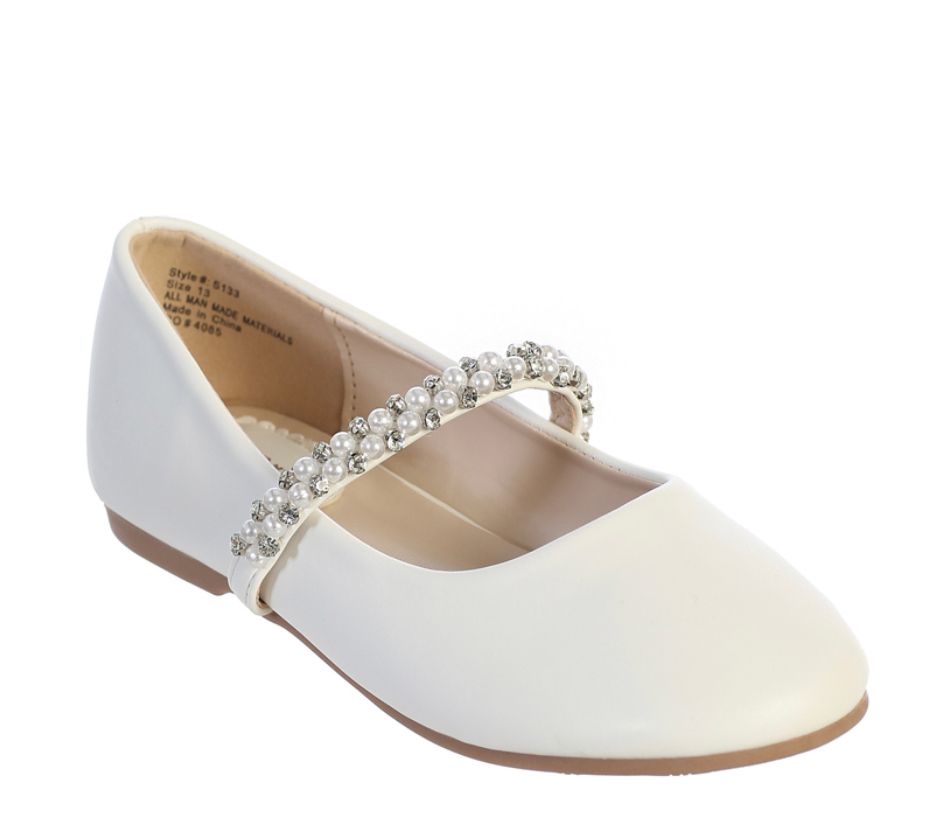 Leatherette Flats with Rhinestone and Pearl Strap - White