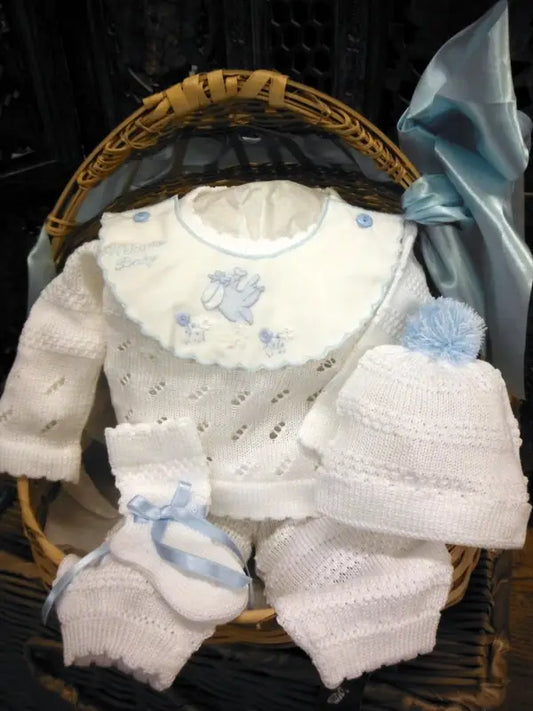 80737WB 4pc White Blue Welcome Baby knit set
