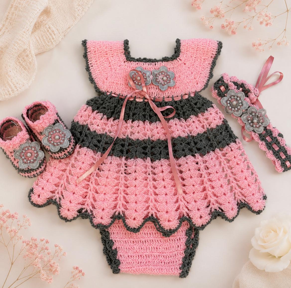 Amelia Pink & Grey Baby Crochet Dress Set | Canastilla Ideal Kids