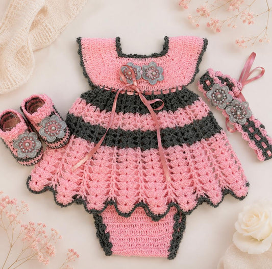 Amelia Pink & Grey Baby Crochet Dress Set | Canastilla Ideal Kids