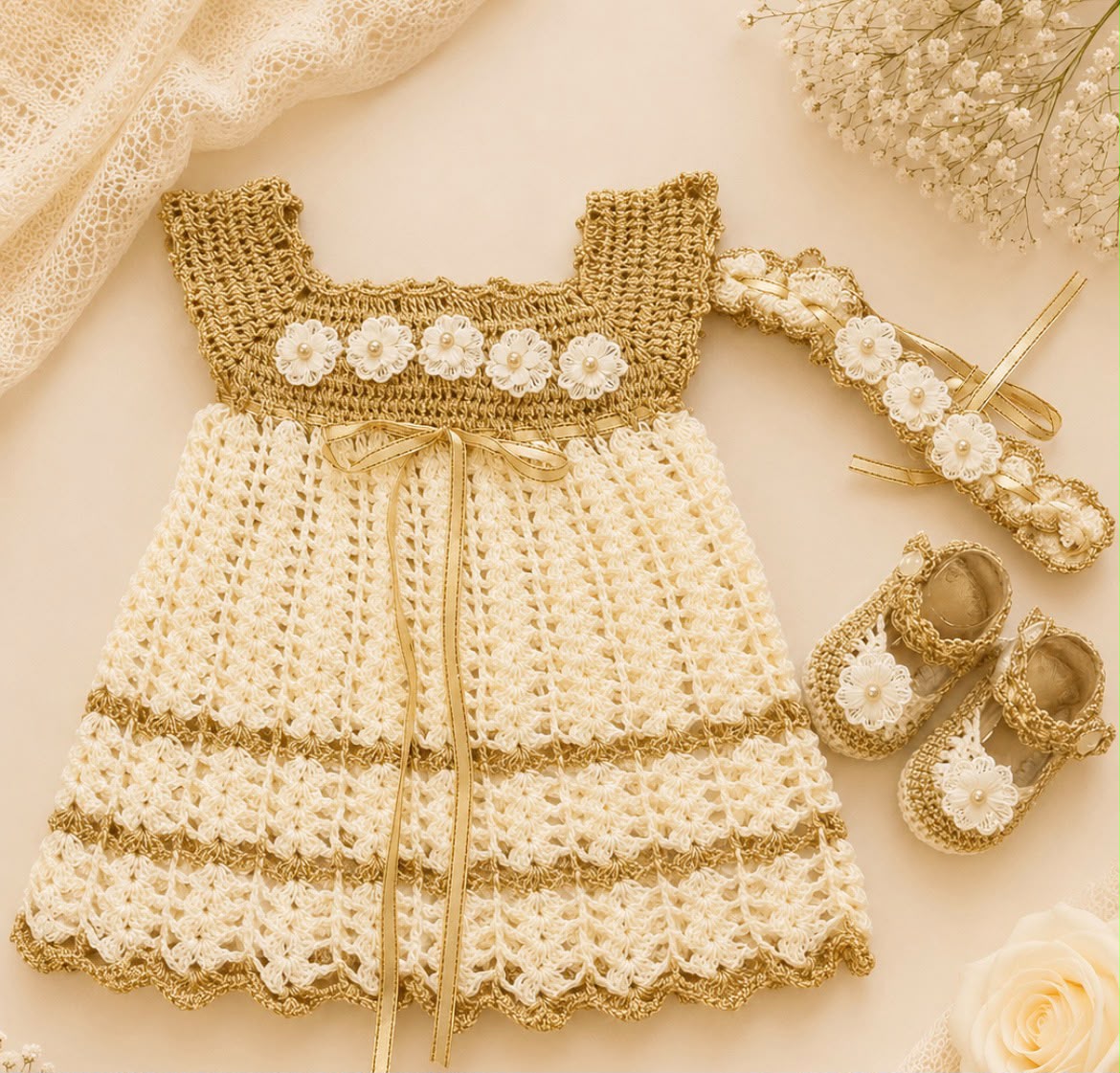 Emma Cream & Gold Baby Crochet Dress Set | Canastilla Ideal Kids
