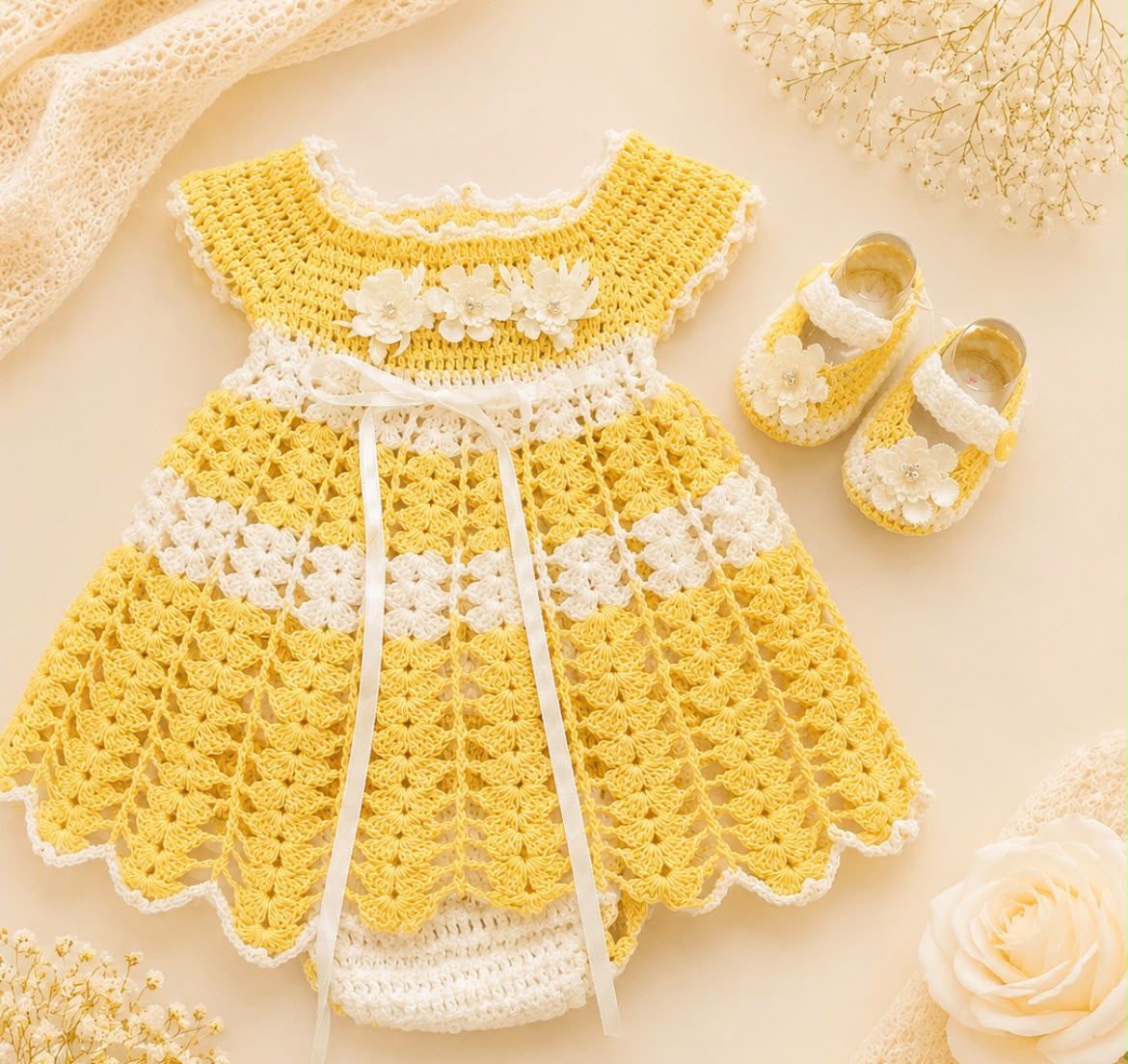 Eva Yellow & White Baby Crochet Dress Set | Canastilla Ideal Kids