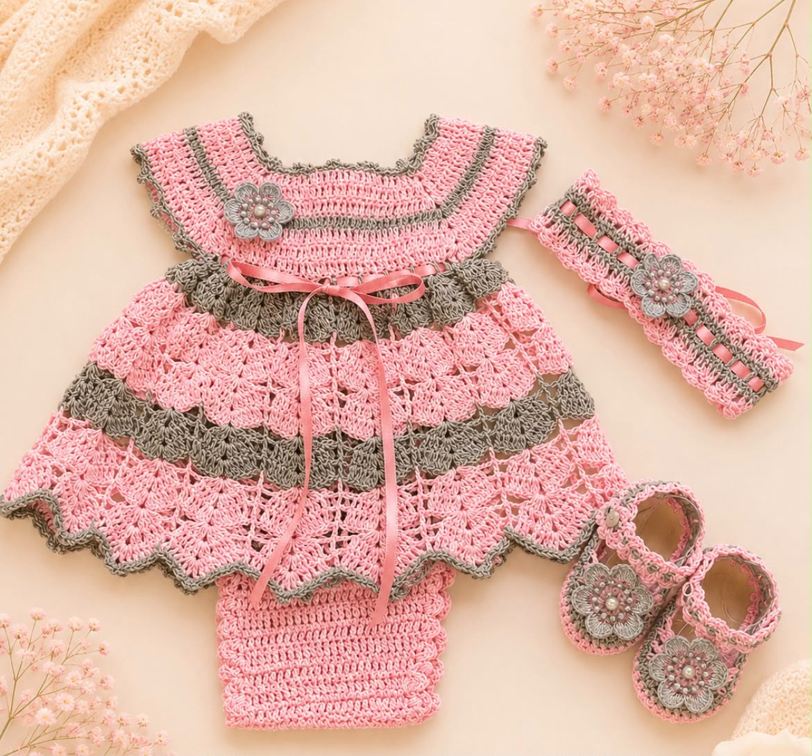 Fabiana Pink & Grey Baby Crochet Dress Set | Canastilla Ideal Kids