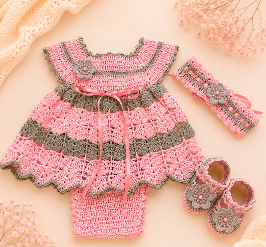 Fabiana Pink & Grey Baby Crochet Dress Set | Canastilla Ideal Kids