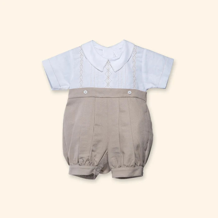 Jonathan White & Camel Linen Baby Bubble Romper | Canastilla Ideal Kids