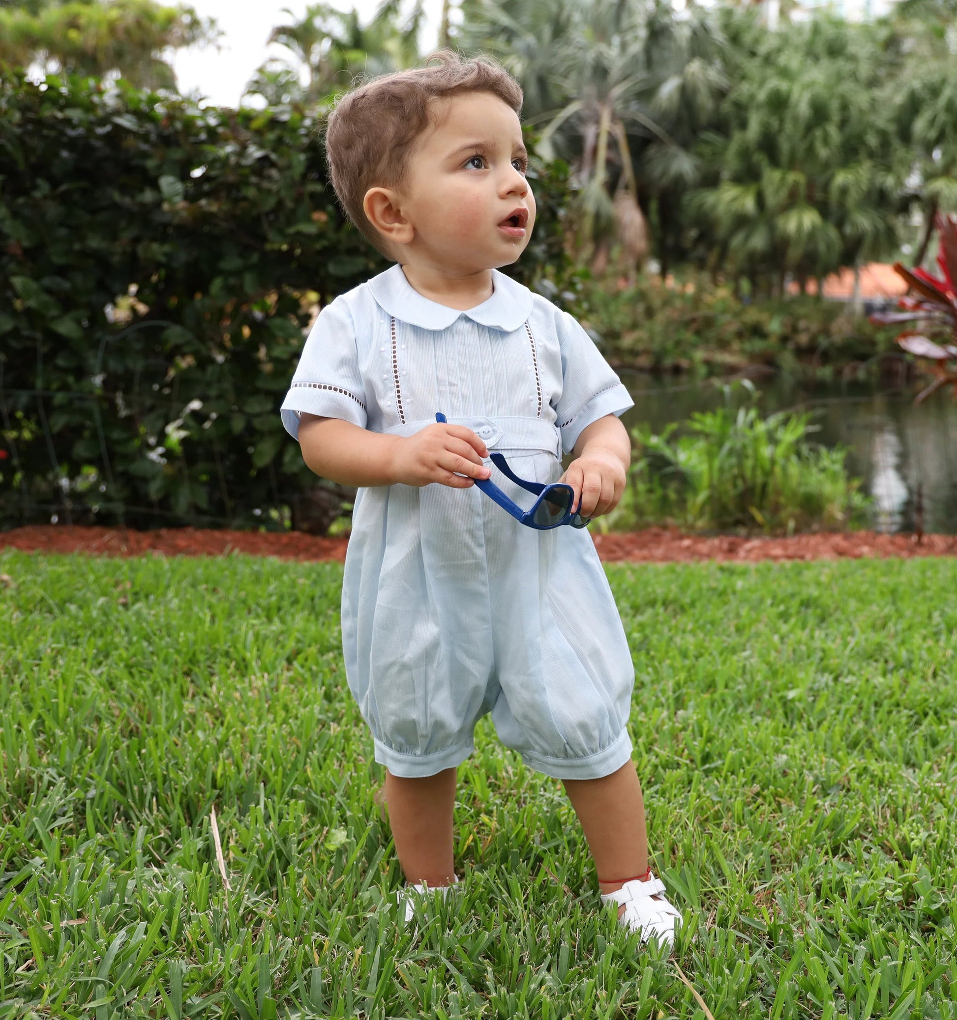 Benjamin Blue Piqué Baby Bubble Romper with Belt | Canastilla Ideal Kids