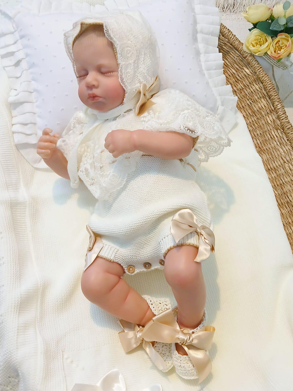 Lace Knitted Dress - Newborn - White and Gold