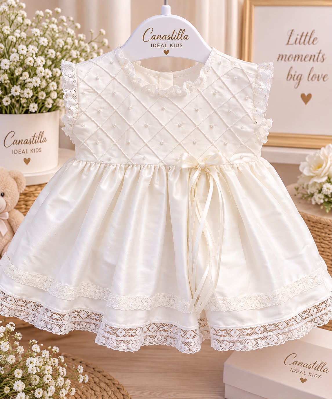 Isa Raw Silk Hand-Embroidered Pearl Baby Dress | Canastilla Ideal Kids