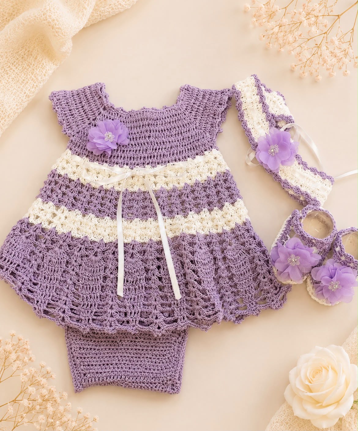 Samirah Lavender & Cream Baby Crochet Dress Set | Canastilla Ideal Kids