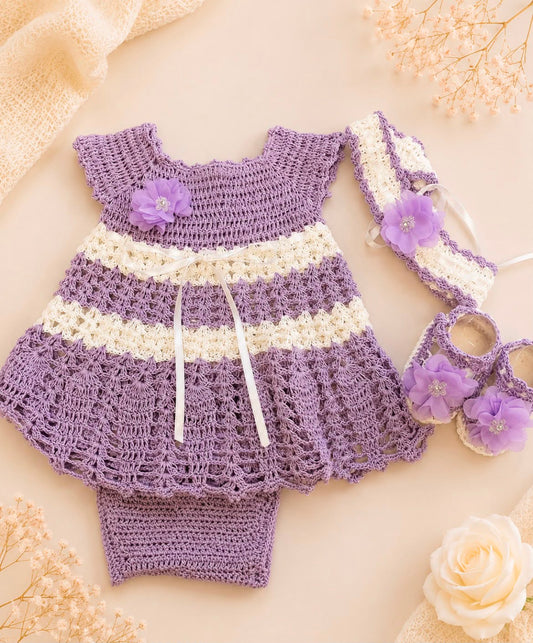 Samirah Lavender & Cream Baby Crochet Dress Set | Canastilla Ideal Kids