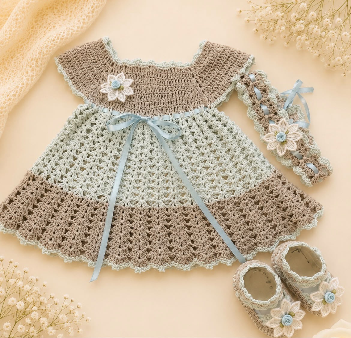 Valentina Grey & Mint Baby Crochet Dress Set | Canastilla Ideal Kids