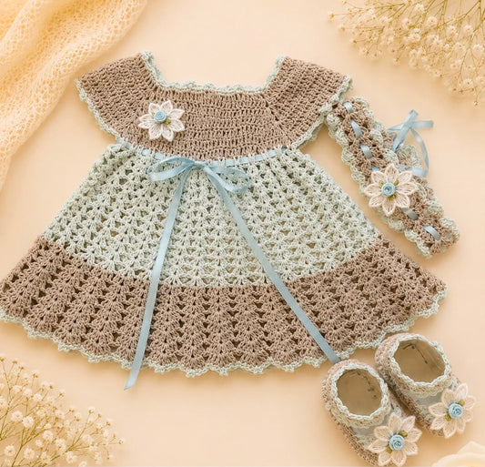 Valentina Grey & Mint Baby Crochet Dress Set | Canastilla Ideal Kids