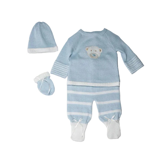Beary Bear Knitted Baby Set in Light Blue & Ivory | Canastilla Ideal Kids