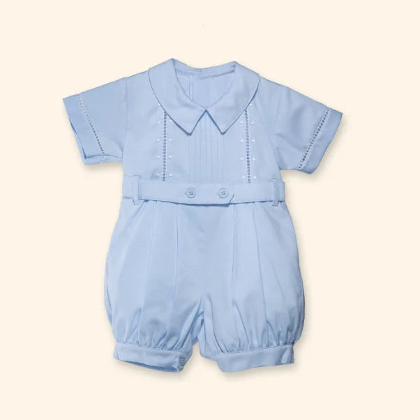 Benjamin Blue Piqué Baby Bubble Romper with Belt | Canastilla Ideal Kids