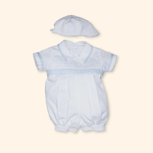 Zigzag White Piqué Baby Bubble Romper with Blue Embroidery | Canastilla Ideal Kids