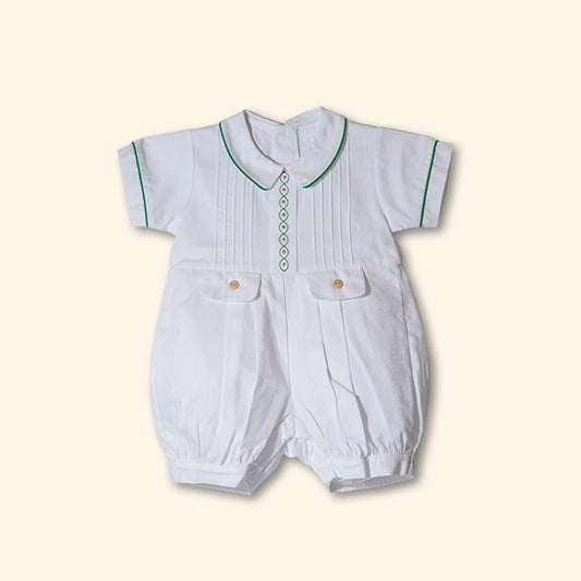White & Green Piqué Baby Bubble Romper | Canastilla Ideal Kids