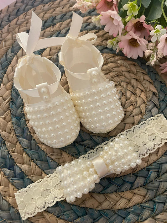 Handcrafted Pearl Baby Shoes & Headband Set | Canastilla Ideal Kids