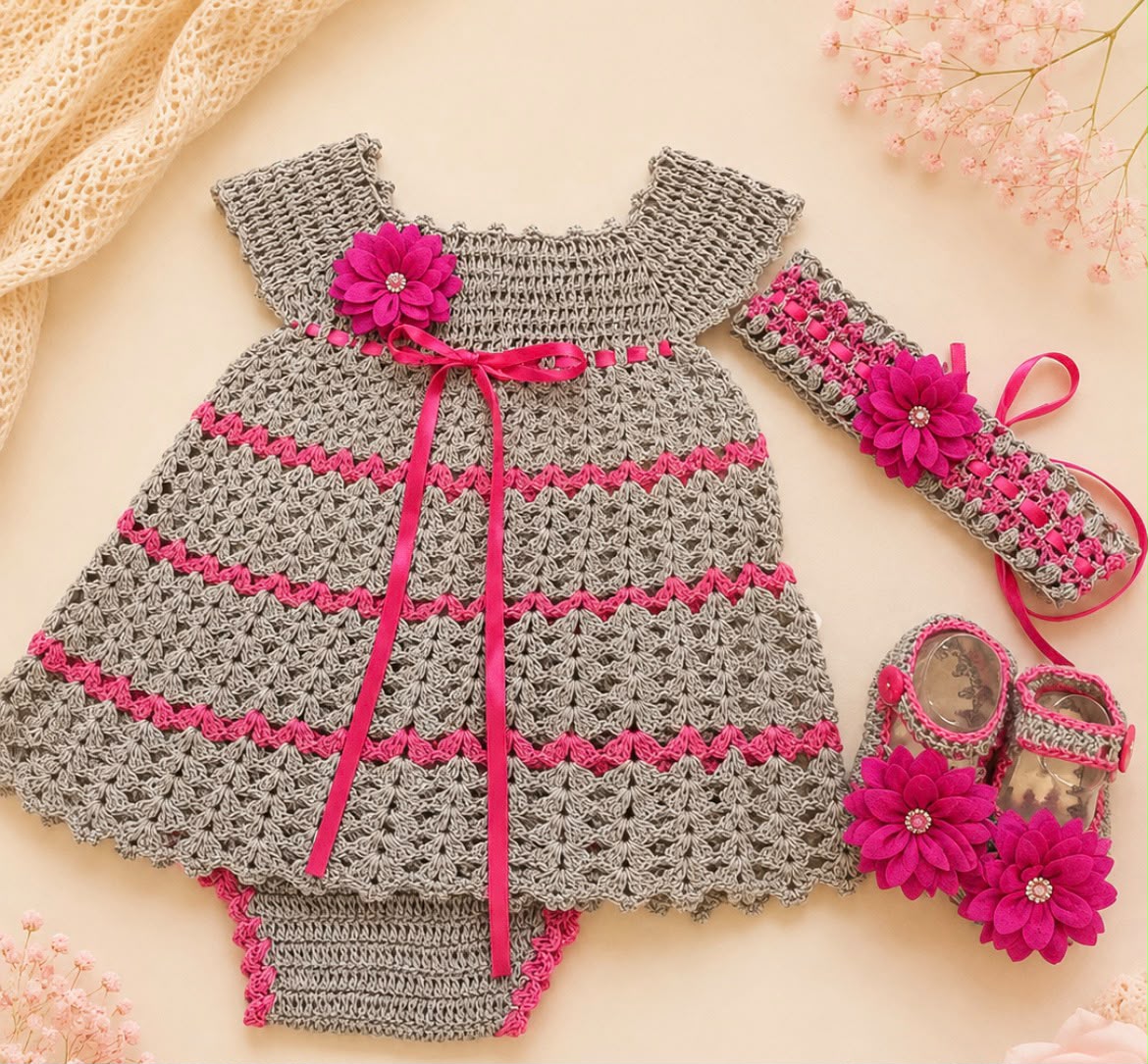 Yuliana Grey & Fuchsia Baby Crochet Dress Set | Canastilla Ideal Kids