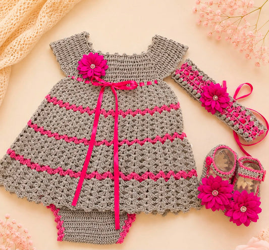 Yuliana Grey & Fuchsia Baby Crochet Dress Set | Canastilla Ideal Kids