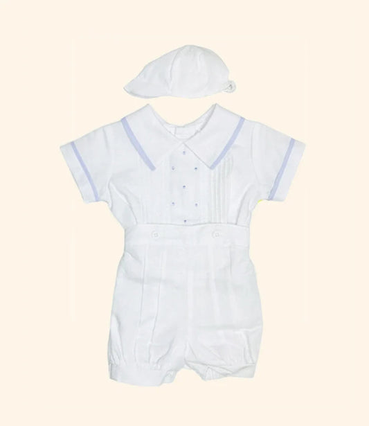 Billy White Linen Two-Piece Baby Set with Cap | Canastilla Ideal Kids