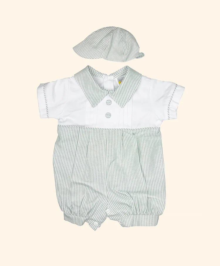Eli Gray Striped Linen Baby Romper Set with Cap & Blanket | Canastilla Ideal Kids