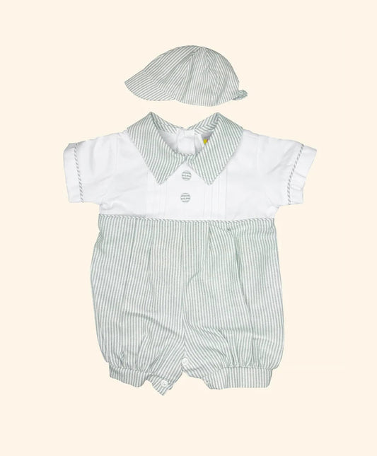 Eli Gray Striped Linen Baby Romper Set with Cap & Blanket | Canastilla Ideal Kids