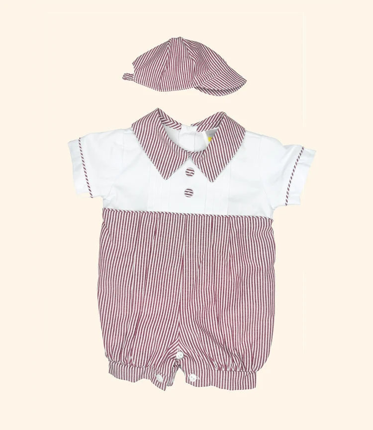 Eli Wine Striped Linen Baby Romper & Cap Set | Canastilla Ideal Kids