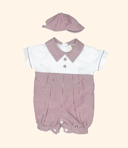 Eli Wine Striped Linen Baby Romper & Cap Set | Canastilla Ideal Kids