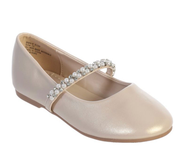 Leatherette Flats with Rhinestone and Pearl Strap